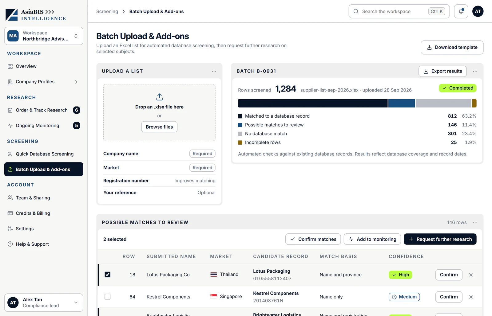 Batch Upload & Add-ons screen in ABIS Platform: an upload area for an Excel list, a completed batch with its outcomes, and possible matches to review.