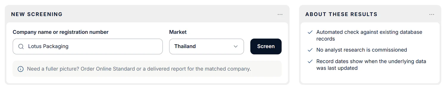 A screening form with a company name field, a market selector and a Screen button, beside notes on what the results are.